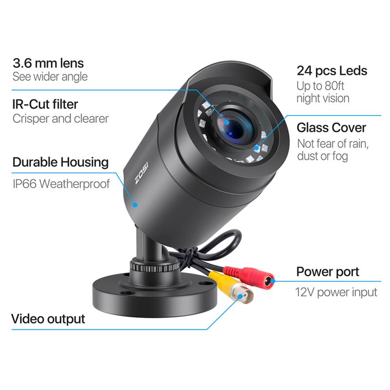To cámara de seguridad CCTV 1080P, de 80 pies visión nocturna, lente de 3,6mm, 24 LED IR, cámara de vigilancia a prueba de ruedas para exteriores