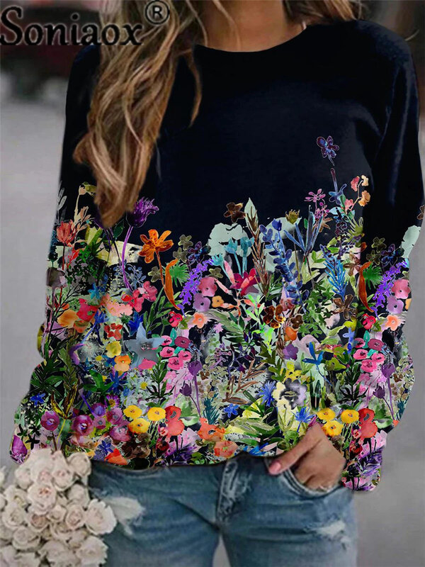 2021 Women Sweatshirts Vintage Flower Pattern Fashion Long Sleeve Print O Neck Loose Hoodie Blouse Tops Casual Autumn Streetwear