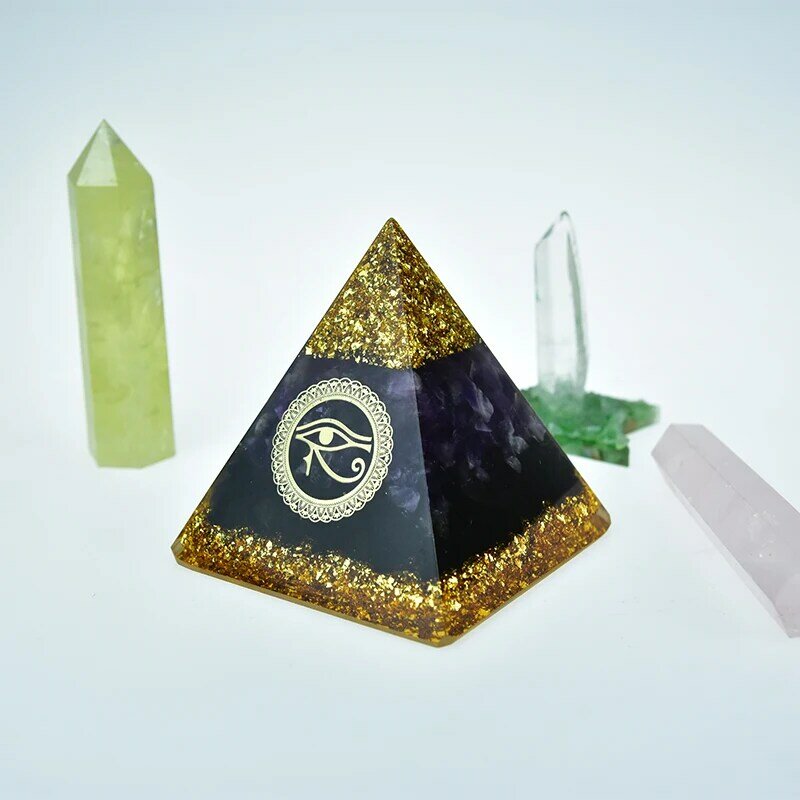 Ornamentos de resina de cristal natural original, pirâmide de orgonit, joia de ametista horus, energia de cura, oração para riqueza
