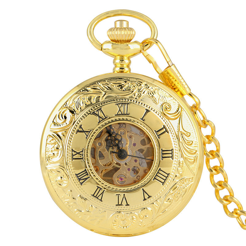 Luxury Yellow Gold Unisex Hand Winding Mechanical Skeleton Pocket Watch Double Open Hunter Pendant Chain Hour Clock Gift Reloj