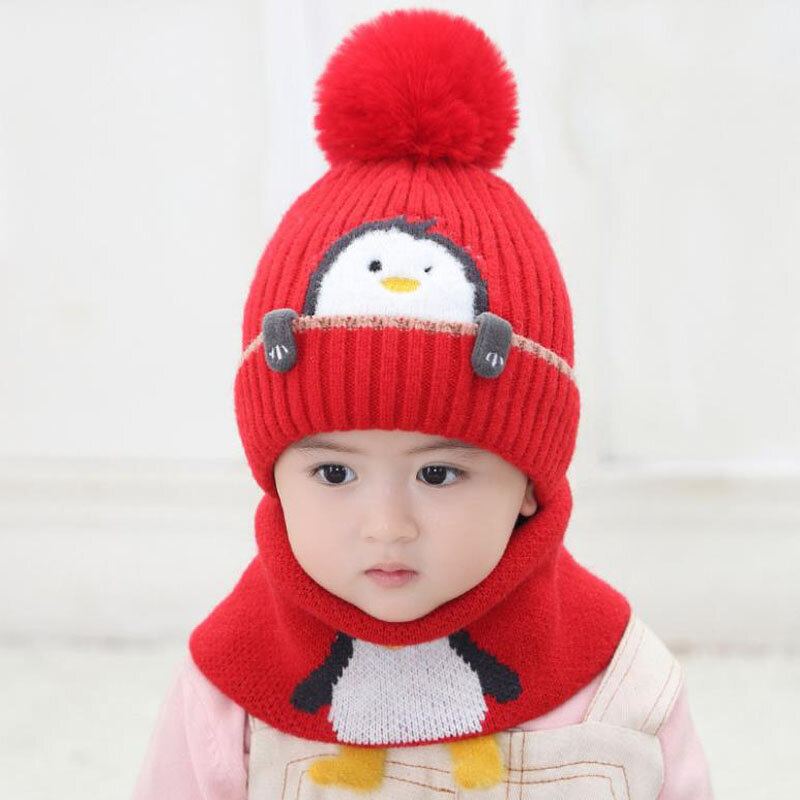 Doitbest 1 to 4 Years Old Bkids Beanie Sets Cute Penguin 2 pcs 2021 Boys Girls Winter Villus Hat Scarf Set