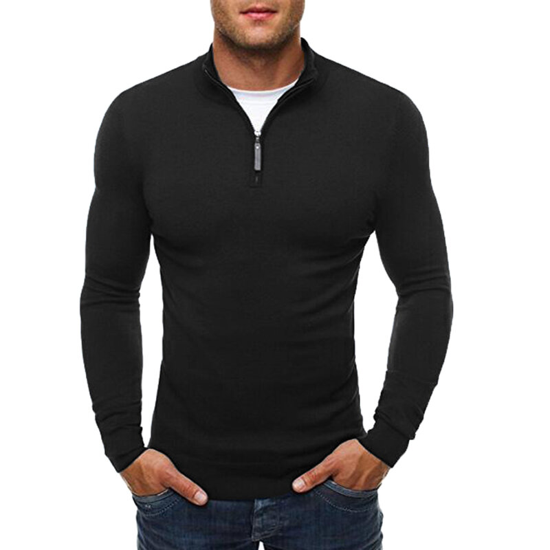 Chic Men Solid Color Stand Collar Long Sleeve Zipper Knitted Sweater Top Blouse