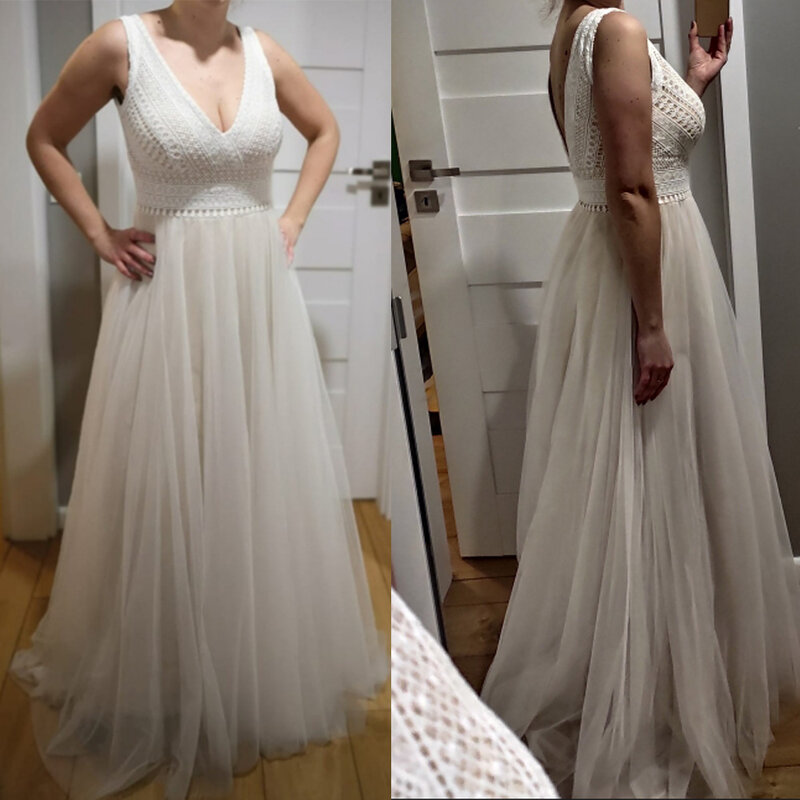 LSYX-vestido de novia sin mangas, traje bohemio de tul con encaje geométrico y escote en V, de alta calidad