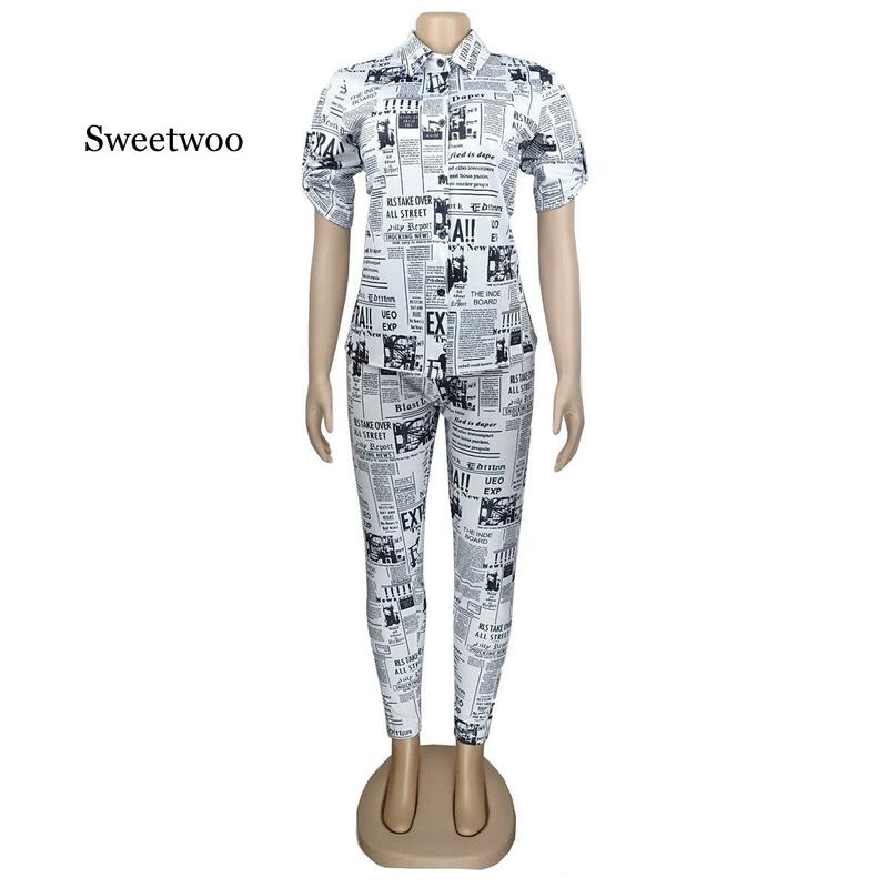 Women Two Piece Outfits Newspaper Printing Fashion Turn-down Collar Tracksuit For Women