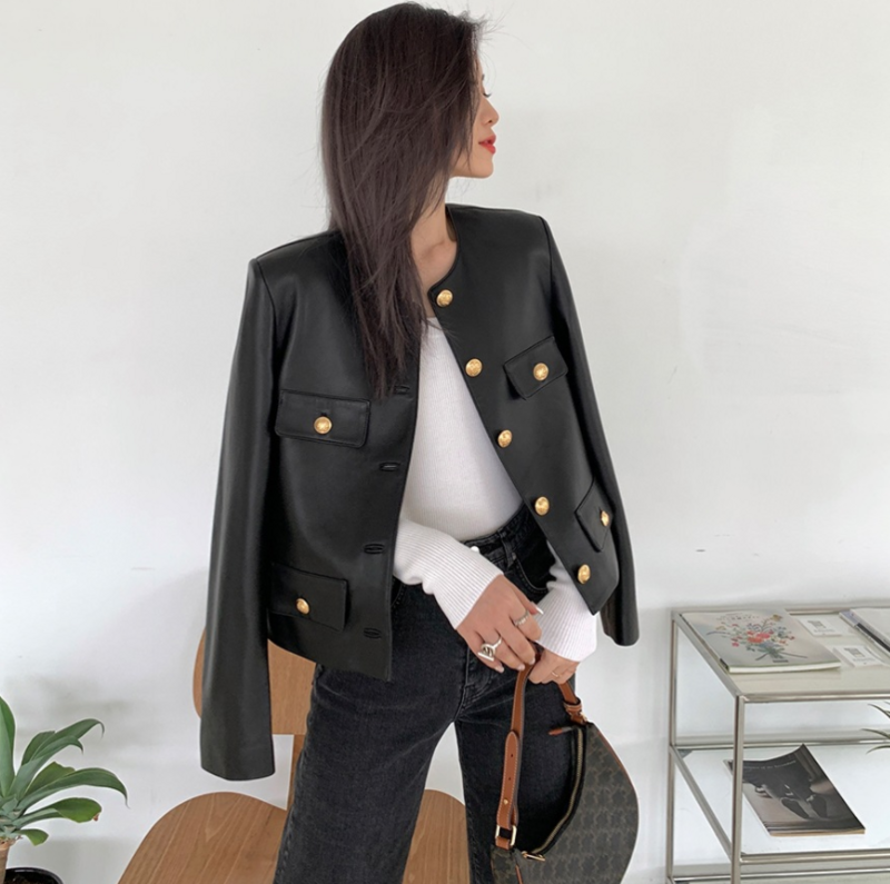 new double breasted metal buttons leather jacket female round neck soft real leather coat sheep leather