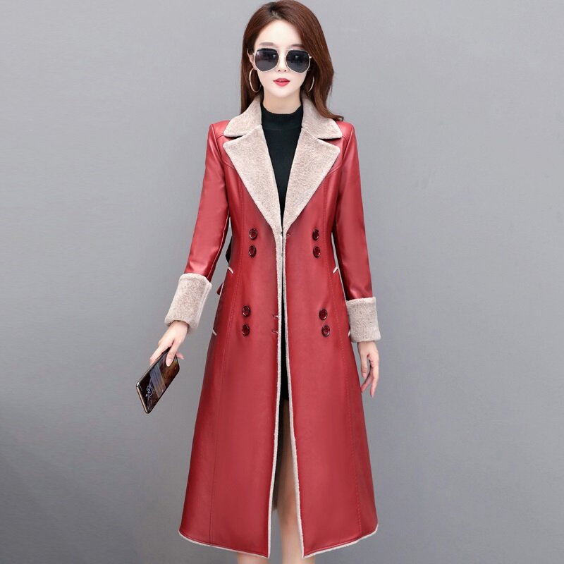 2021新冬レザージャケットアウター女性プラスベルベット厚い毛皮1ミディアムロングプラスサイズ革ウインドブレーカーコート女性