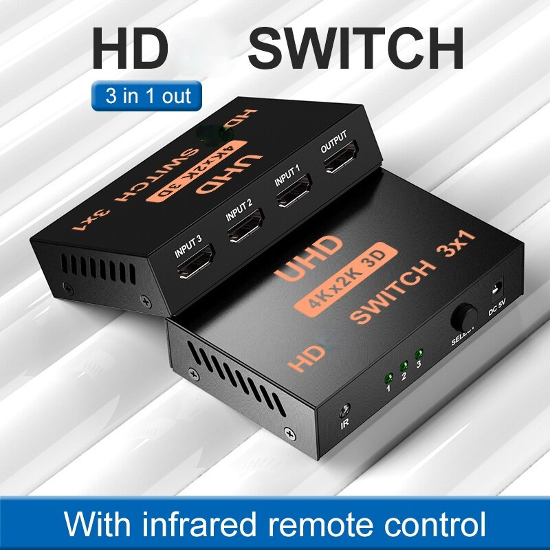 Hdmi-switcher compatível 3 em 1 fora 4k caixa de ferro com controle remoto infravermelho hd vídeo 3 em 1 fora hd distribuidor divisor