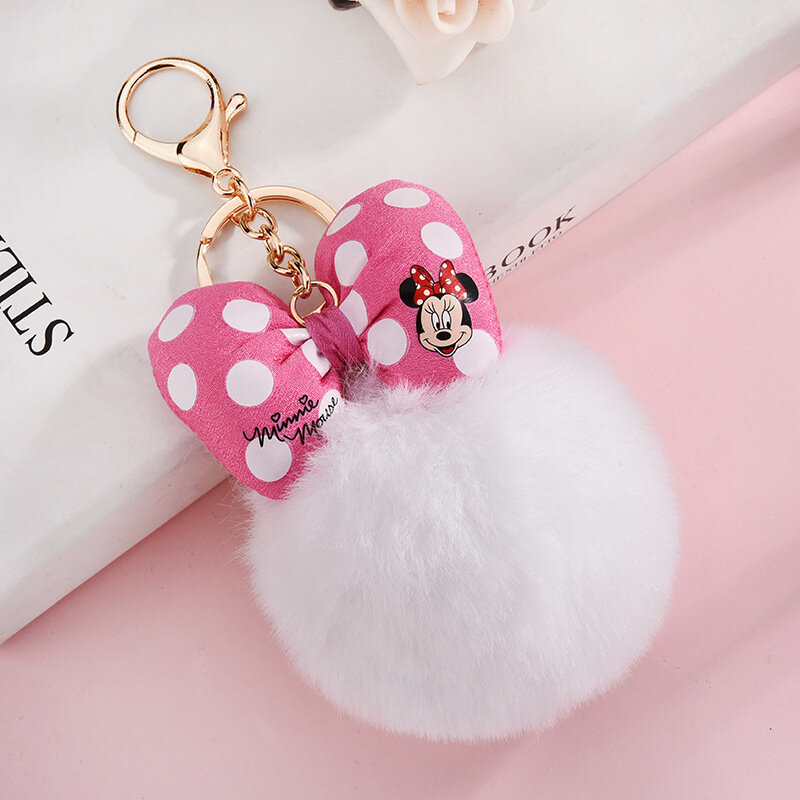 Disney Minnie topolino portachiavi in peluche cartone animato Polka Dot fiocco Pom-Pom portachiavi ciondolo borsa per auto ornamento ragazza bambino regalo giocattolo