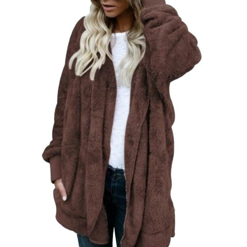 80% HOT SALES！！！Winter Women's Cardigan Coat Plus Size Solid Faux Fur Hooded Coat Long Sleeve Autumn Winter Warm Coat