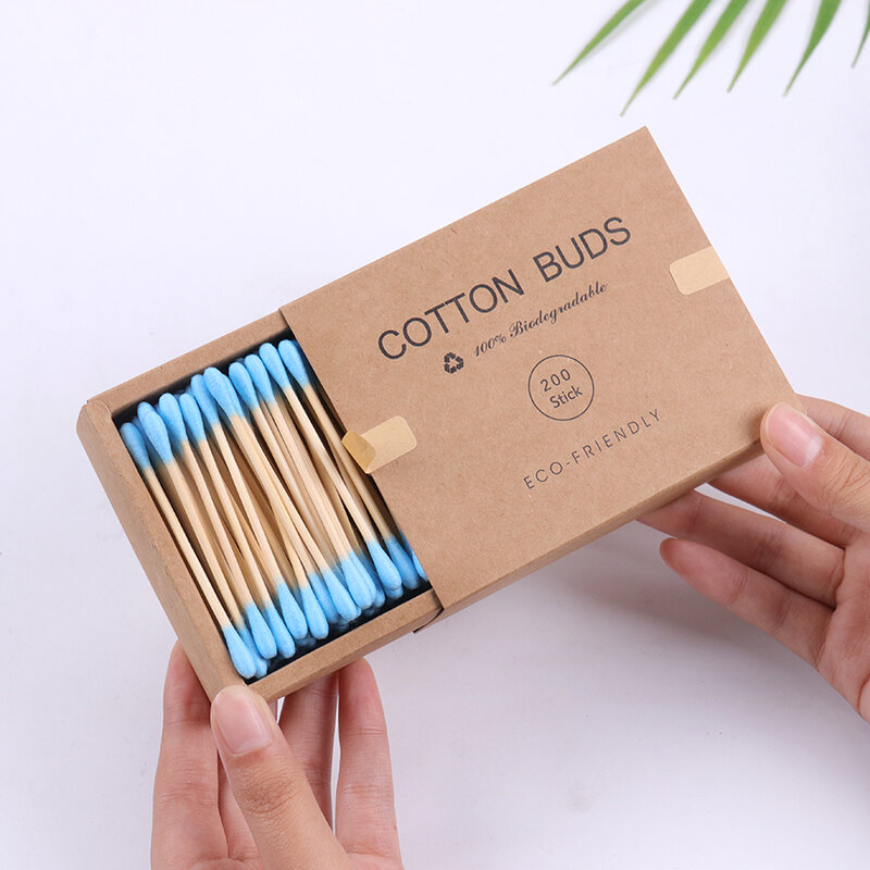 200 Buah/Boks Kapas Kepala Ganda Stik Bambu Korek Kuping Sekali Pakai Kapas untuk Kecantikan Makeup Pembersih Telinga Hidung