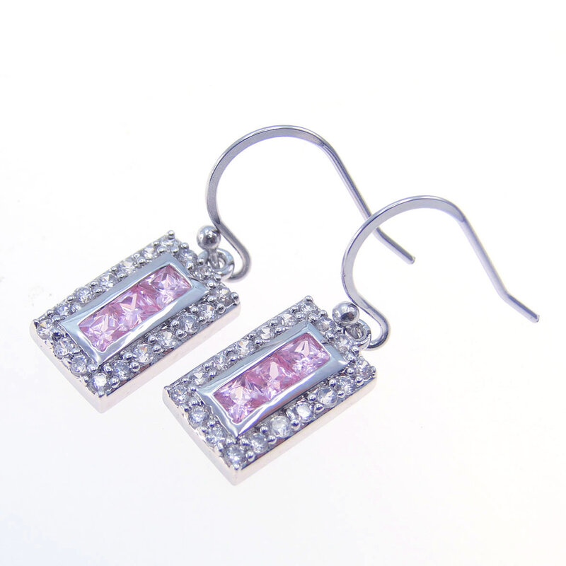 女性用の真ちゅう製クリスタルイヤリング,長方形のピンクのジルコニウムジュエリー