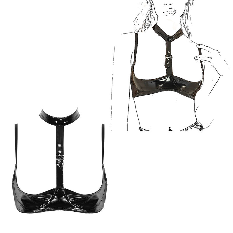 Womens Patent Leather Lingerie Set Black Buckle Halter Wetlook Latex Wire-free Open Cup Bra Top Exposed Breasts Bralette