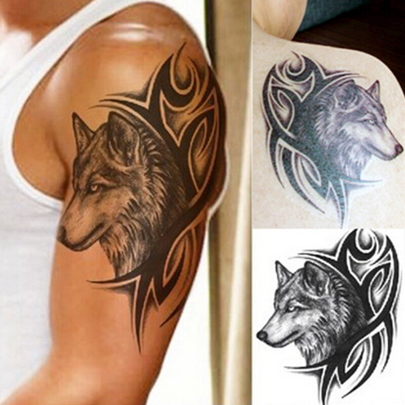 Arte adesiva para braço e perna, tatuagem temporária removível com cabeça de lobo e à prova d'água para homens e mulheres