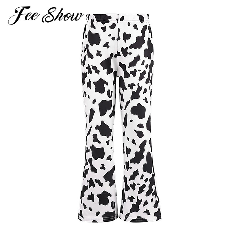 Moda wzór krowa spodnie z nadrukiem rozciągliwy elastyczny pas wysokiej talii rozkloszowane spodnie dzwon dna dzieci dziewczyny dorywczo domu Dancewear