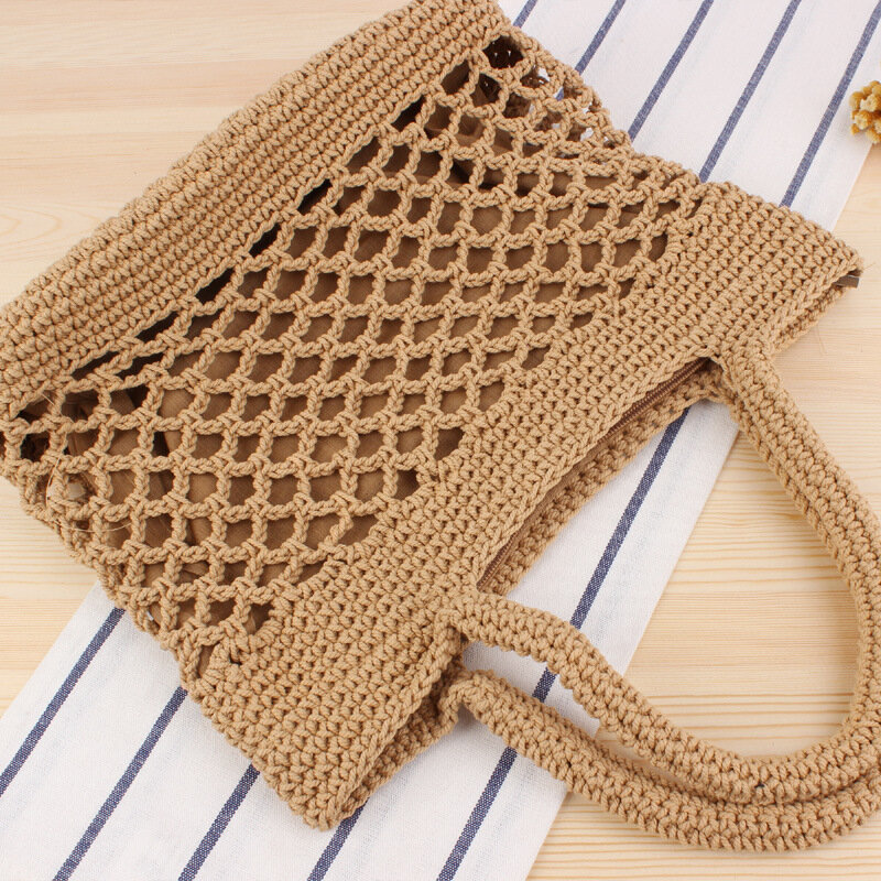 Pure Color Cotton Thread Hand Crocheting Woven Beach Straw Bag Trendy Women's Portable Vacation Handbags