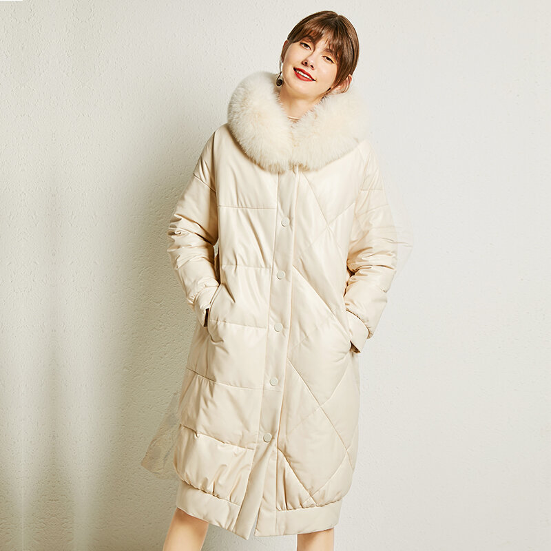 Jaqueta feminina duck down e capuz, casaco feminino inverno pele de carneiro gola de raposa zjt965 90%