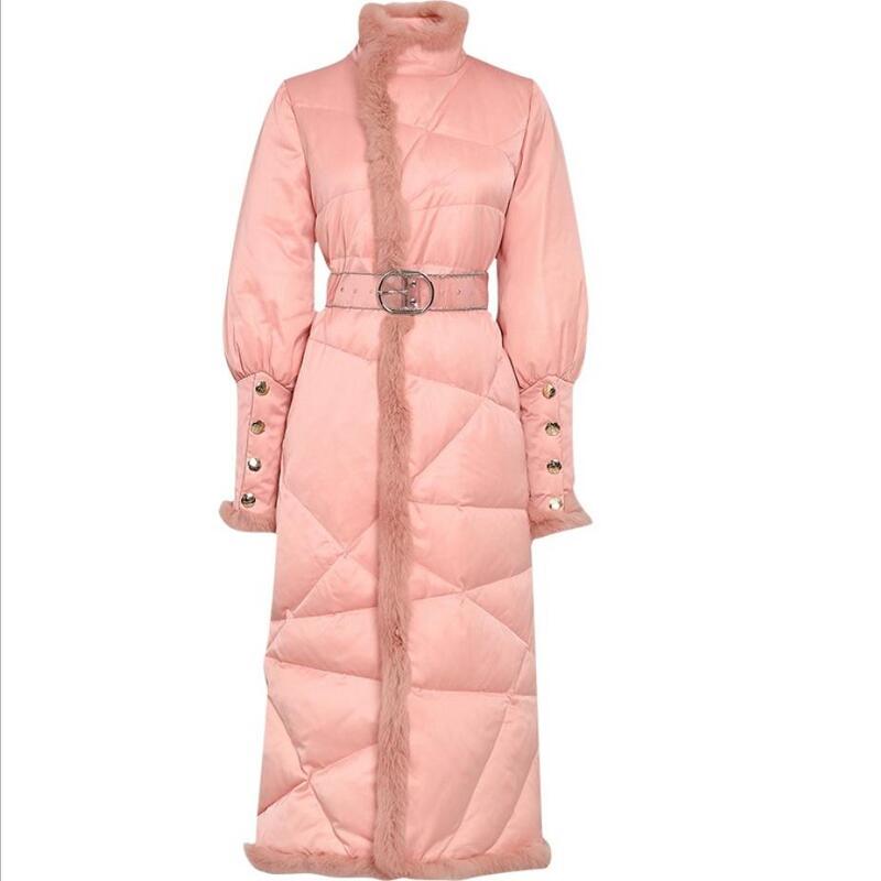Jaket bulu angsa musim dingin, jaket Parka wanita musim dingin hangat panjang warna merah muda elegan, mantel musim dingin dengan kerah berdiri untuk wanita