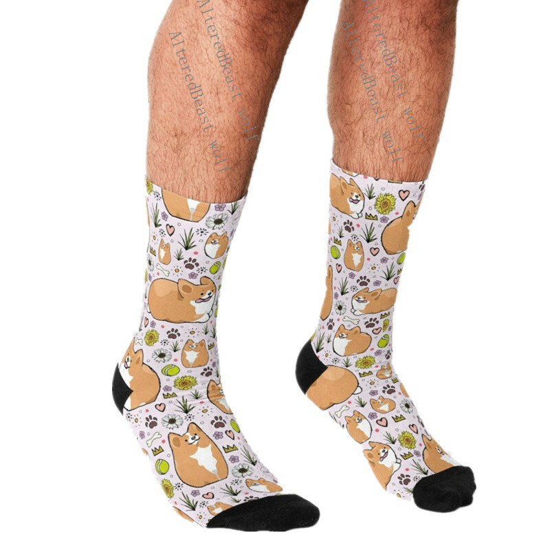 Мужские носки Харадзюку милые корги с мультяшным принтом индивидуальные счастливые хип-хоп новые скейтбордные круглые повседневные сумасшедшие забавные носки