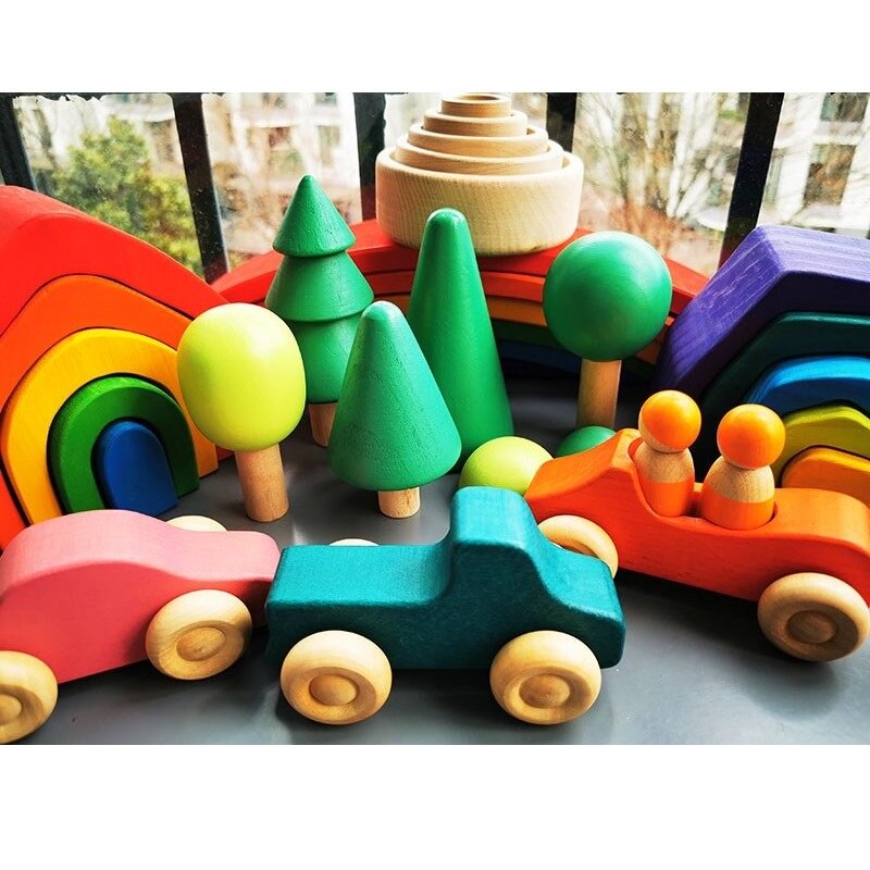 モンテッソーリ-木製のビルディングブロック,虹の形をしたおもちゃ,未塗装の木,木,車,火山,サンゴ,海の波