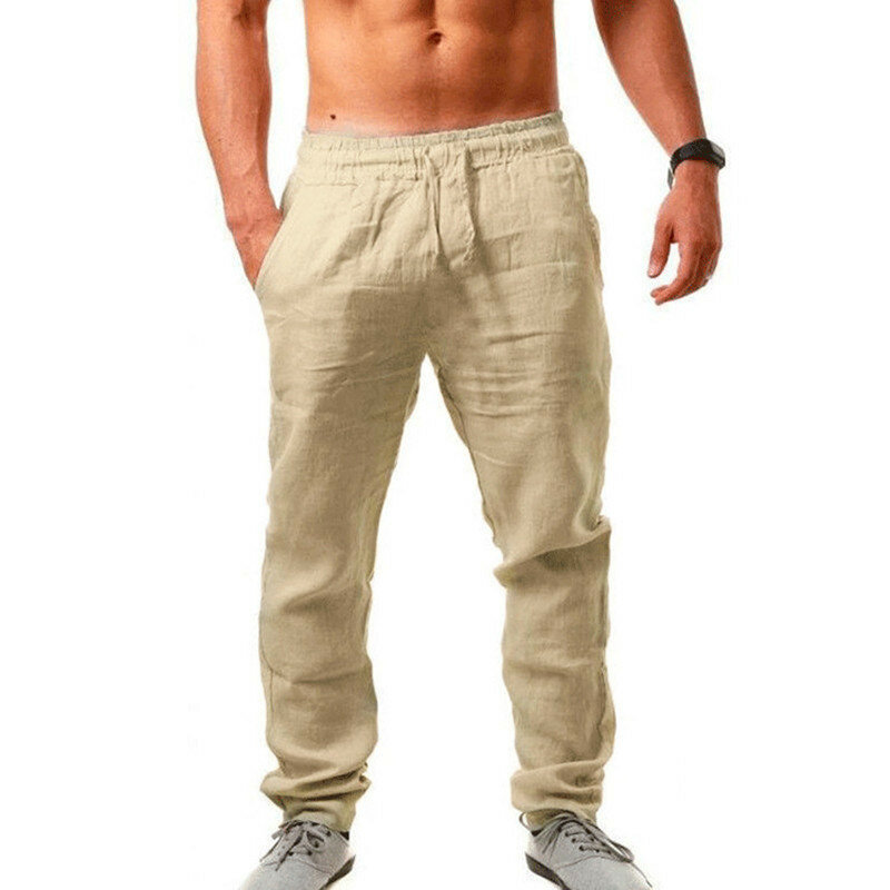 Pantalones de lino y algodón para hombre, ropa de calle masculina, informal, transpirable, Color sólido, 9 colores, S-4XL