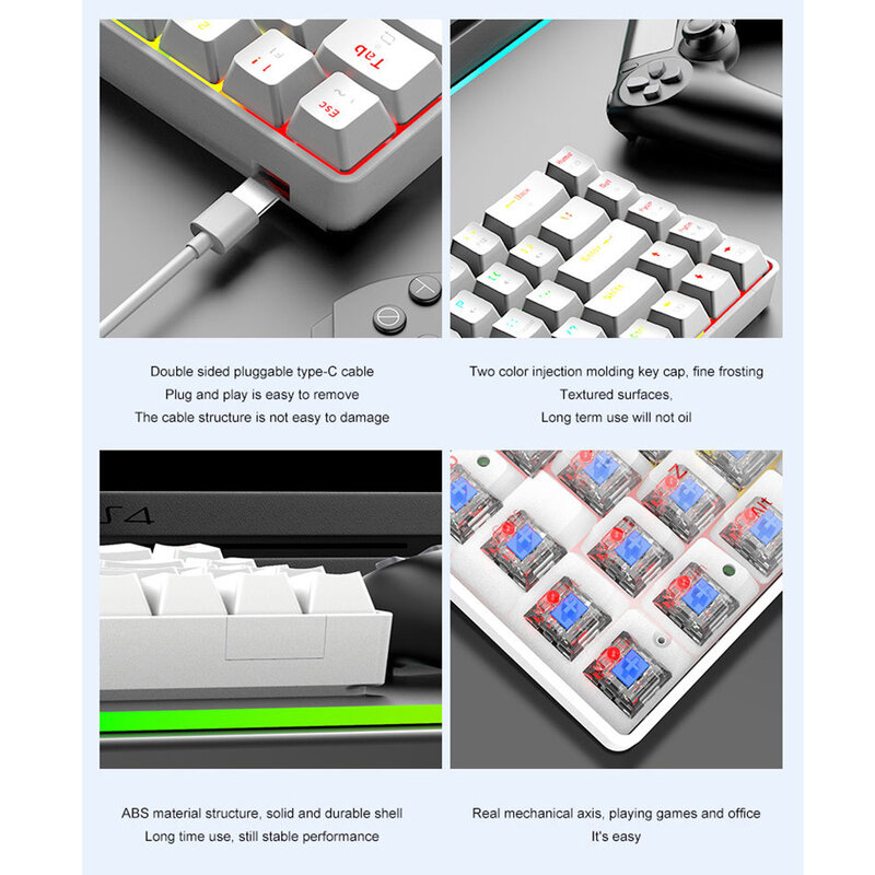 RGB игровая Механическая Проводная клавиатура с 68 клавишами, небольшая игровая клавиатура светодиодный Ной подсветкой, красный, синий перек...