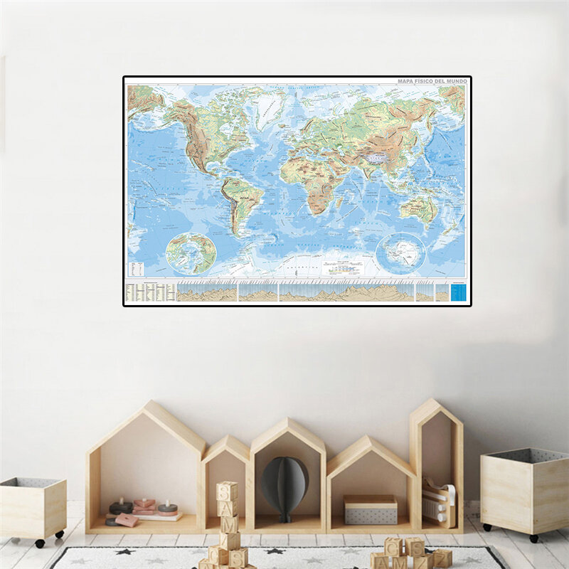 Póster pequeño de mapa orográfico del mundo en español, pintura en lienzo, arte de pared, imagen para sala de estar, decoración del hogar, 59x42cm