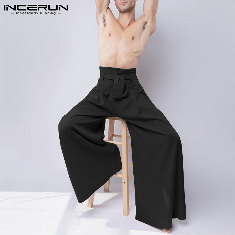INCERUN-pantalones informales de pierna ancha para Hombre, ropa de calle holgada de cintura alta con cordones, Color sólido, 2023