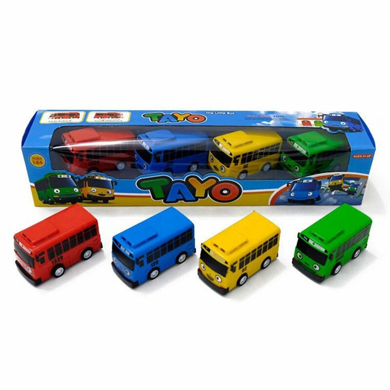 애니메이션 타요 리틀 버스 교육용 장난감, 만화 미니 플라스틱 풀백 버스 자동차 모델 장난감, 어린이용 크리스마스 선물, 4 개/세트
