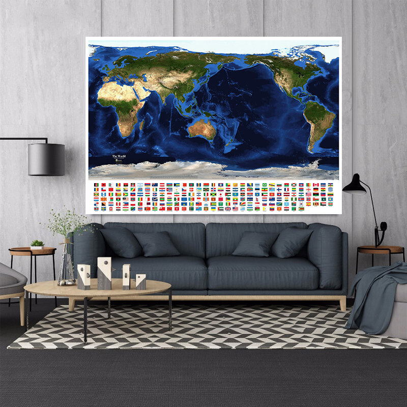 Mapa satélite del mundo con banderas de países, lienzo no tejido, pintura, arte de pared, póster, sala de estar, decoración del hogar, 150x100 cm