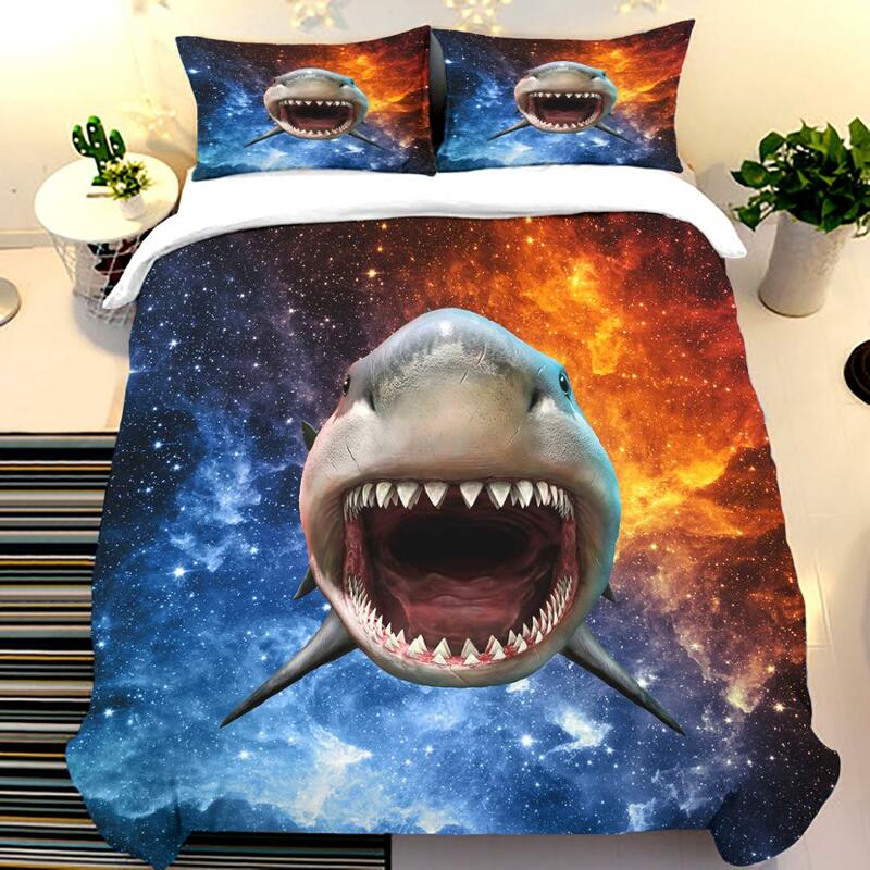 Conjunto de cama estampado com tema de desenho de tubarão, roupas de cama com fronha, tamanho único, queen, king, crianças e adultos