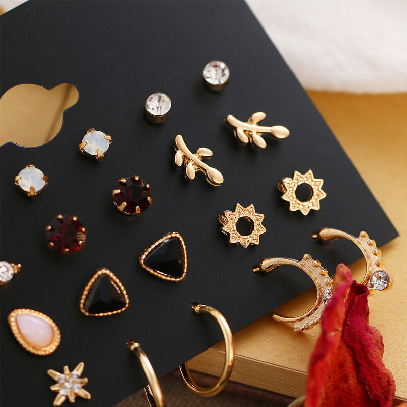 EN 12 Pairs Flower Women's Earrings Set Pearl Crystal Stud Earrings Boho Geometric Tassel Earrings For Women 2021 Jewelry Gift