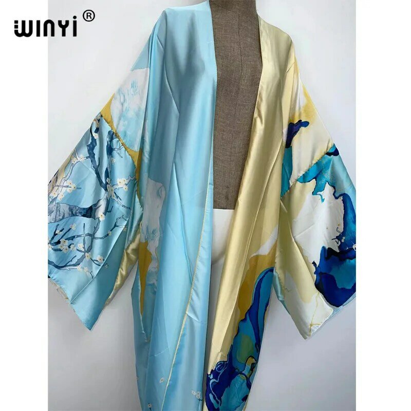 Kimono Verano Wanita Sukienka Motif Kardigan Lengan Panjang Blus Wanita Longgar Kasual Pantai Menutupi Gaun Boho Pesta Kaftan