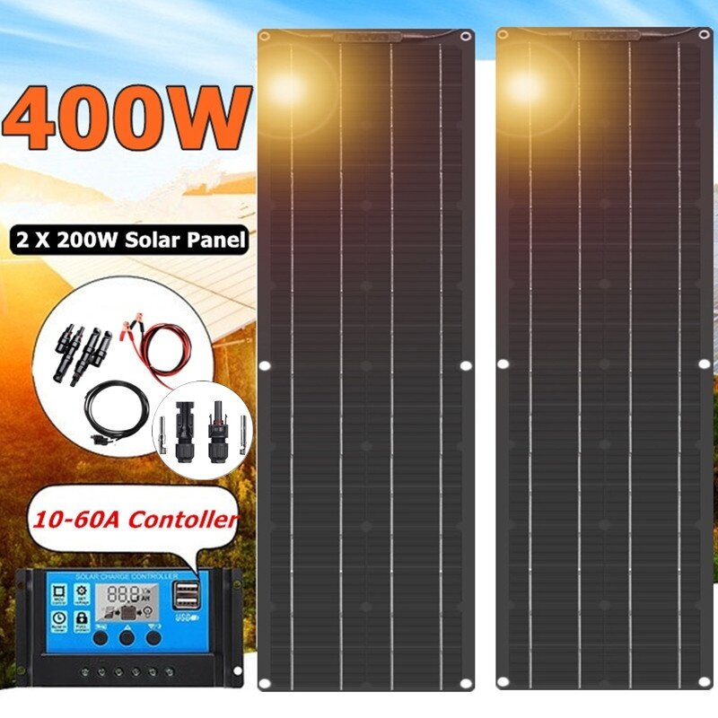 2020 새로 고효율 태양 전지 패널 400W 2*200W 블랙 백플레인 배터리 충전기 자동차 요트 보트 RV 캠핑 캐러밴 홈