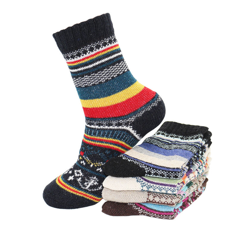 Inverno meias harajuku de lã masculina retro quente grosso confortável malha casual listrado meias 5 par