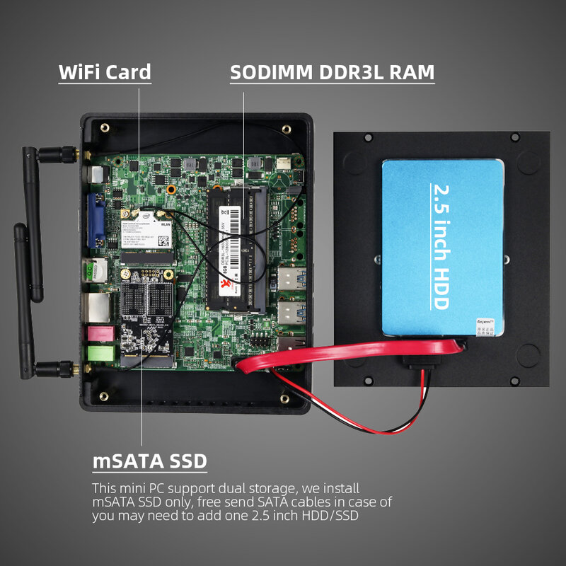 XCY Fanless Mini PC Intel Core i7 4500U i5 5300U 300M WiFi Gigabit Ethernet 8x USB VGA HDMI Display Windows 10 Linux HTPC