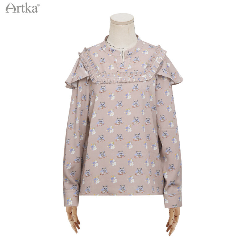 ARTKA-Blusa elegante con estampado de gato para mujer, con cuello redondo Camisa de gasa, volantes, manga larga, suave, primavera 2021, SA22110C