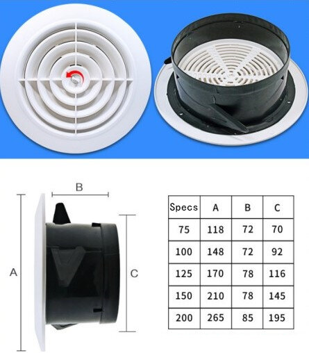 Rejilla de ventilación redonda, cubierta de salida ajustable, 75/100/125/150mm