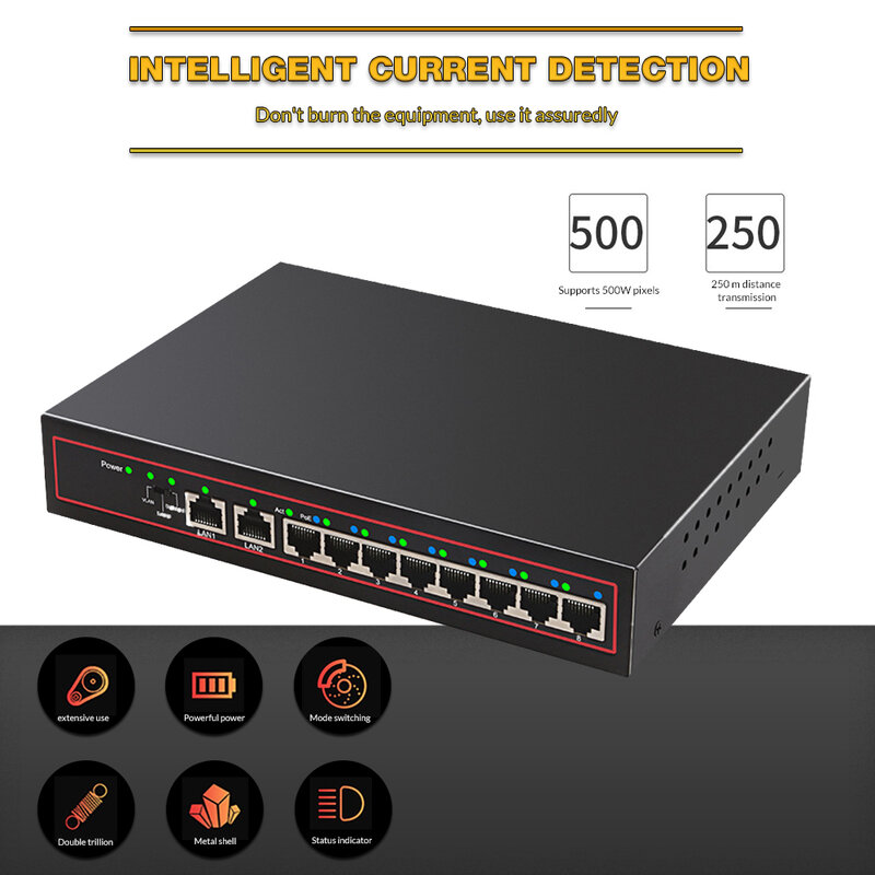 Сетевой коммутатор TEROW, 8 портов, 10/100 м, Ethernet, 8 портов POE + 2 порта UPLINK, 48 В, встроенный источник питания для IP/CCTV камеры/беспроводной