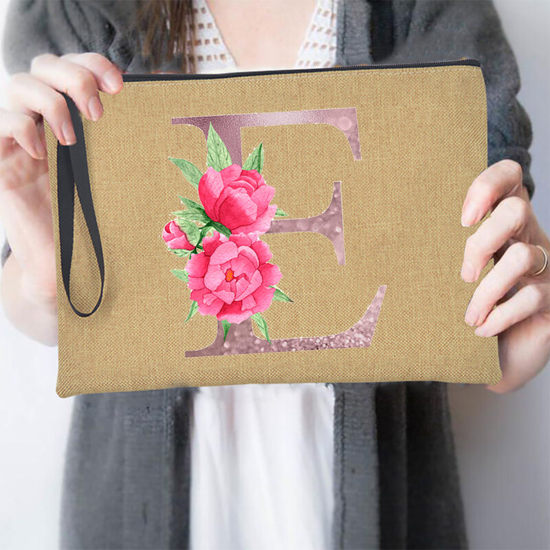 Rosa fiori alfabeto A-Z donne pochette moda Casual lino cosmetici casi trucco sacchetto della chiusura lampo borsa rossetto regalo arancione