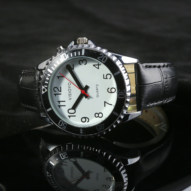 Французский говорящие часы, дата и время, с черным кожаным ремешком TFBW-1501