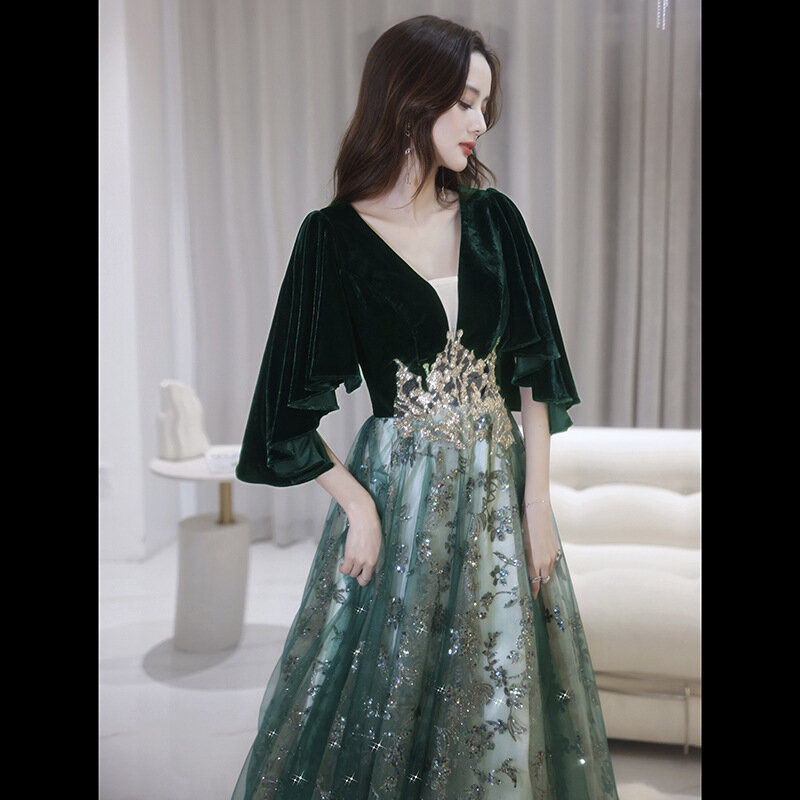Gaun Malam Formal Gaya Perancis untuk Wanita Gaun Pesta Elegan dengan Sash Gambar Cetak Floral Leher V Rendah Gaun Kontes Panjang Hingga Ke Lantai