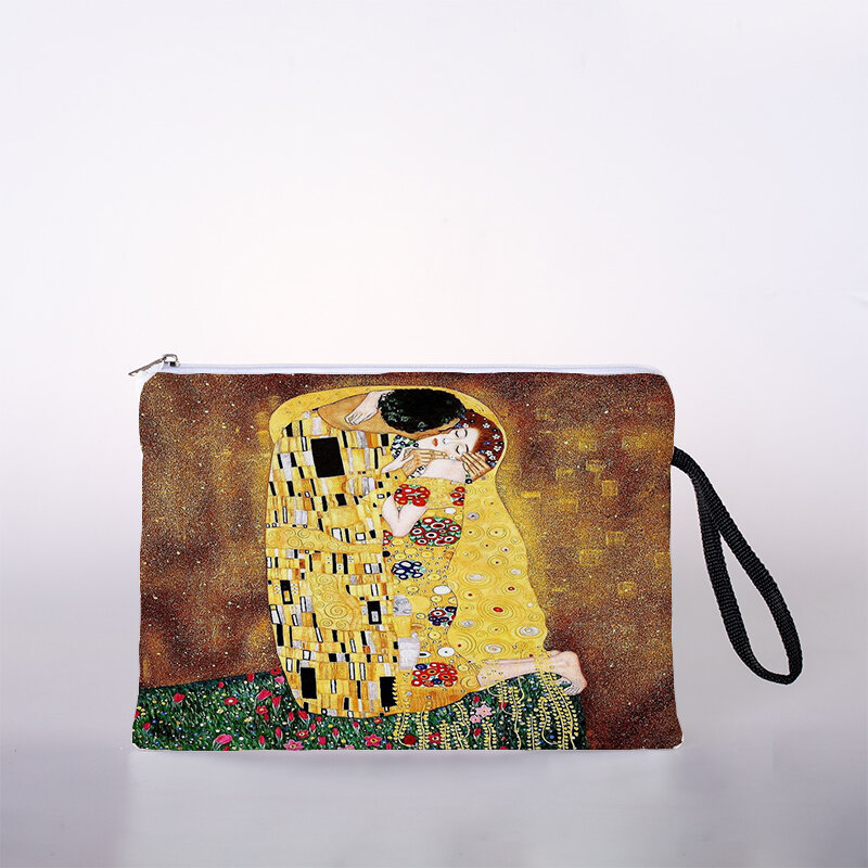 Bolsa de cosméticos dorada con pintura al óleo para mujer, mini bolsa de almacenamiento, bolsa de viaje, bolso de mano