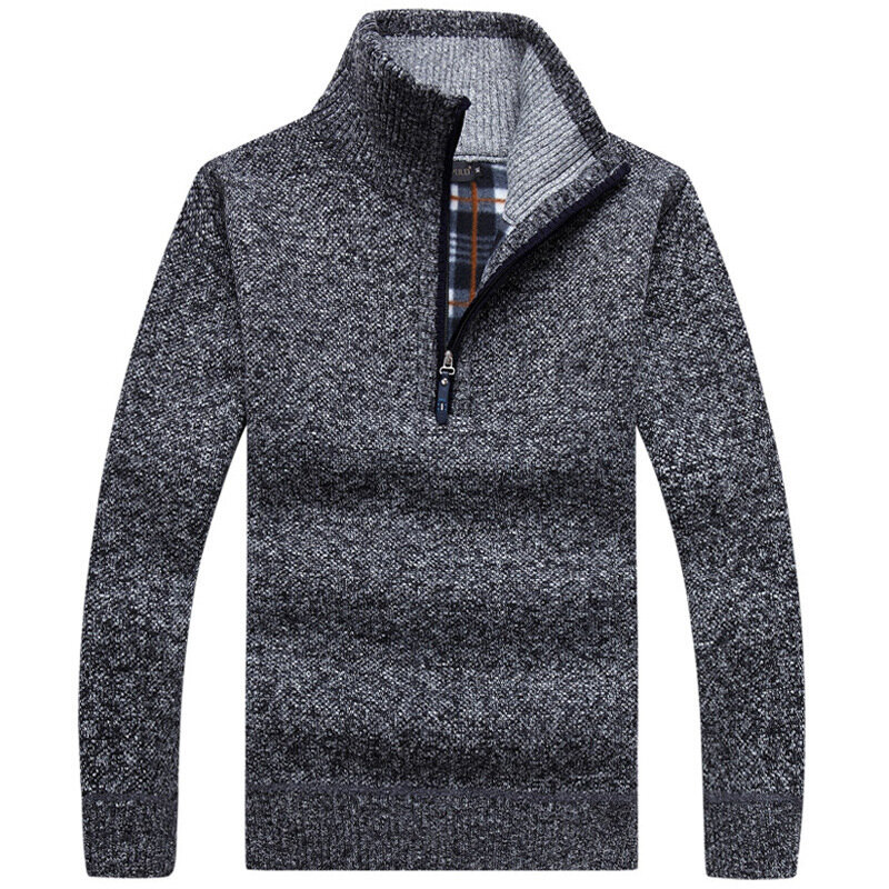 Мужской плотный теплый вязаный пуловер, Однотонный свитер с длинным рукавом и высоким воротником, теплый флисовый джемпер на молнии, удобная одежда на осень 2023