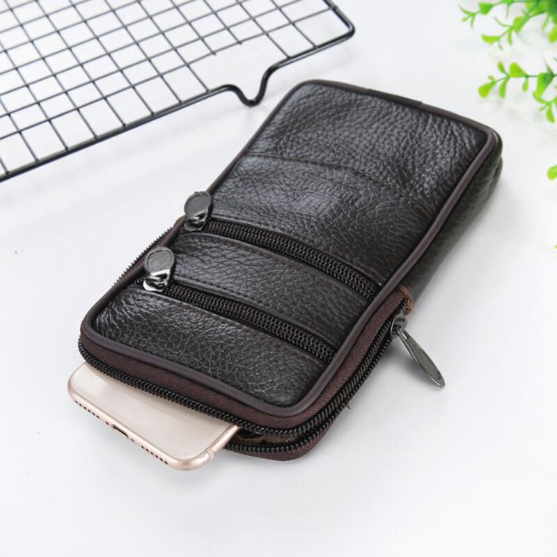 Men's Leather Waterproof Waist Bag Mobile Phone Bag Wear Belt Multifunction Old Change Key Bag Wallet New Waist Bag