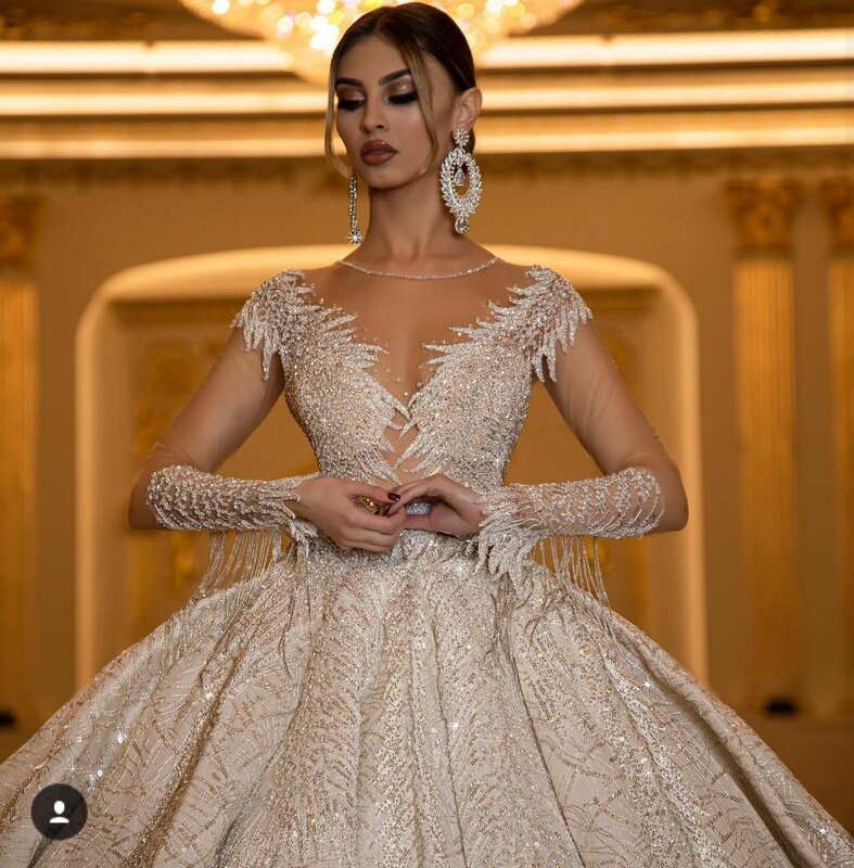 Luxurious Ball Gown Wedding Dress Lace Sequined Long Sleeve Vintage Bridal Gowns Arabic Dubai Elegant vestido de novia