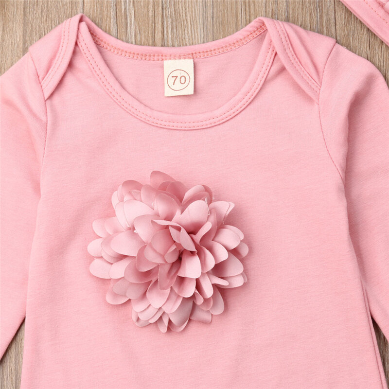 2PCS Infant Newborn Baby Girl Clothes Pink 3D Flower Romper Jumpsuit Clothes Hat Outfit Set 0-18M