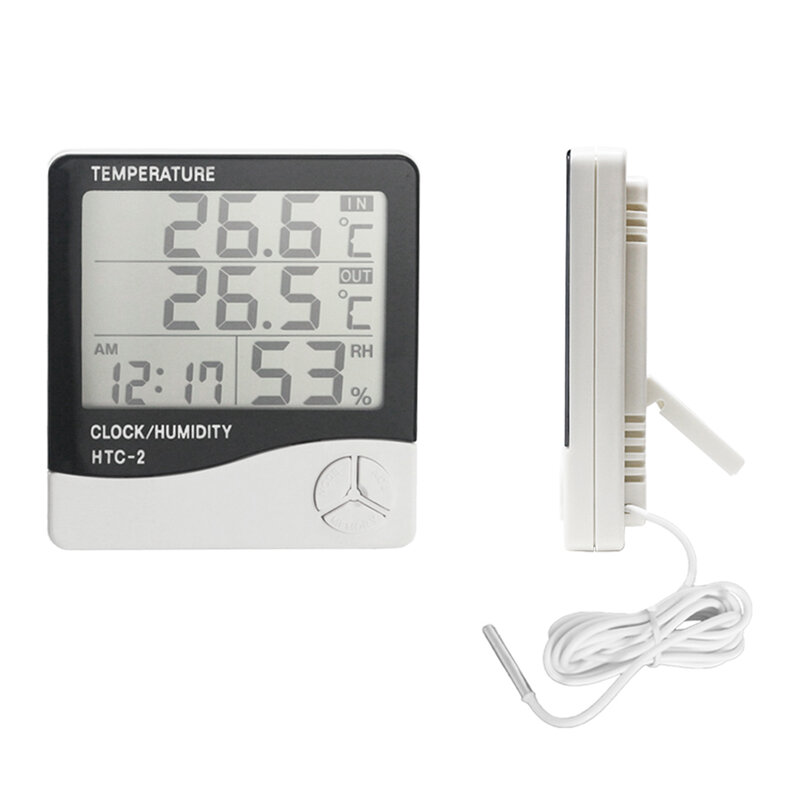 Station météo numérique HTC-2, hygromètre de chambre, thermomètre, horloge LCD, mesure de température et humidité intérieure/extérieure avec capteur