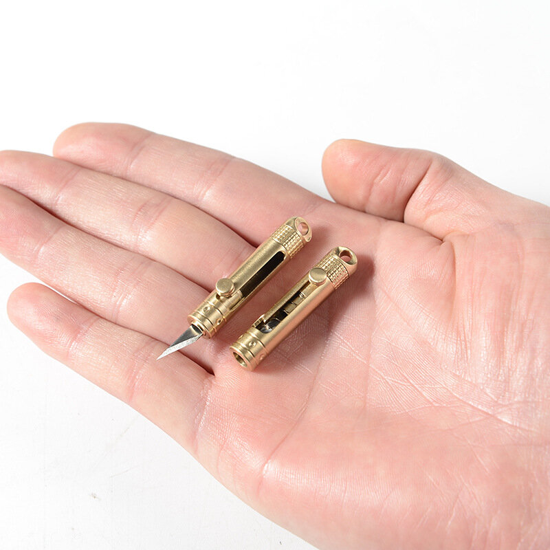 Mini Utility Knife Box Cutter Open Craft Brass Spear Type Front Switchblade Knife with Keychain for Camping Outdoor Survive
