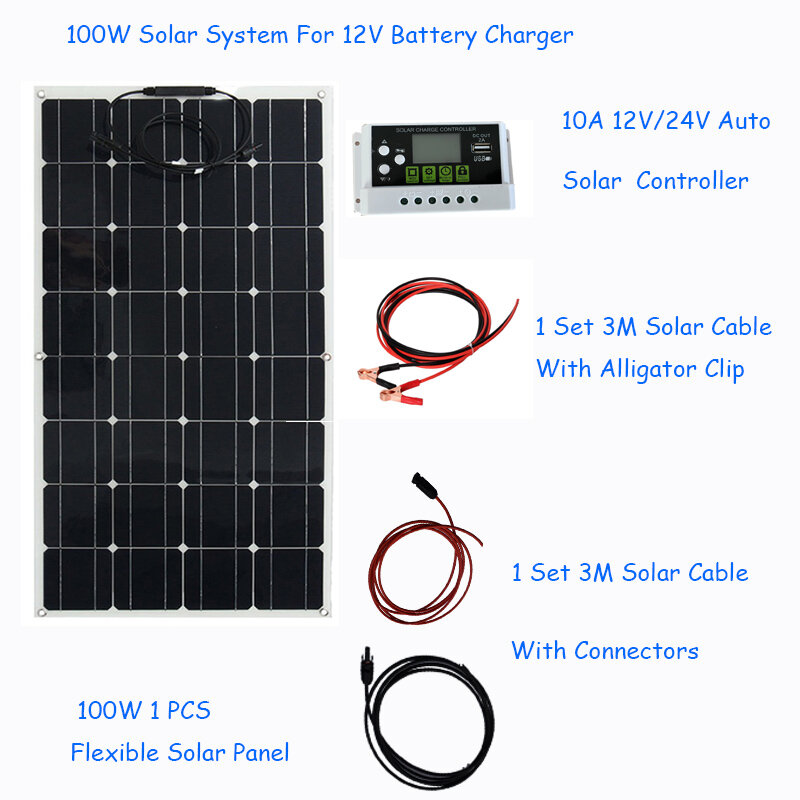 1000W Solar Energy System 100w 200W 300W Flexible Solar Panel 12V 24V Battery Charger Power Home Kit