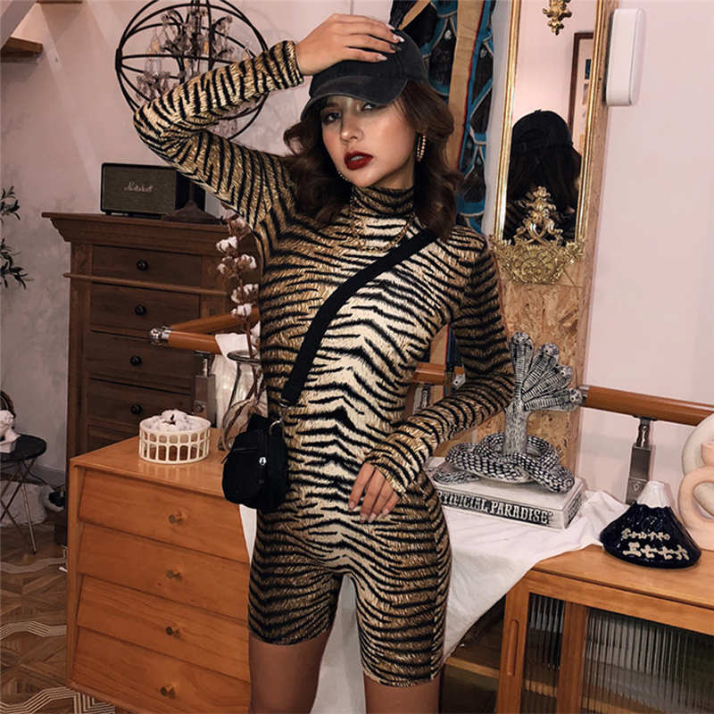 Fashion Autumn Leopard Playsuit for Women Sexy Skinny Long Sleeve Turtleneck Playsuits High Street Striped Playsuits